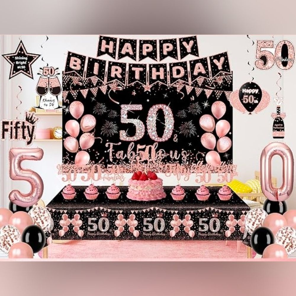 🔥NIB Rose Gold & Black 50th Birthday Party Decor Set